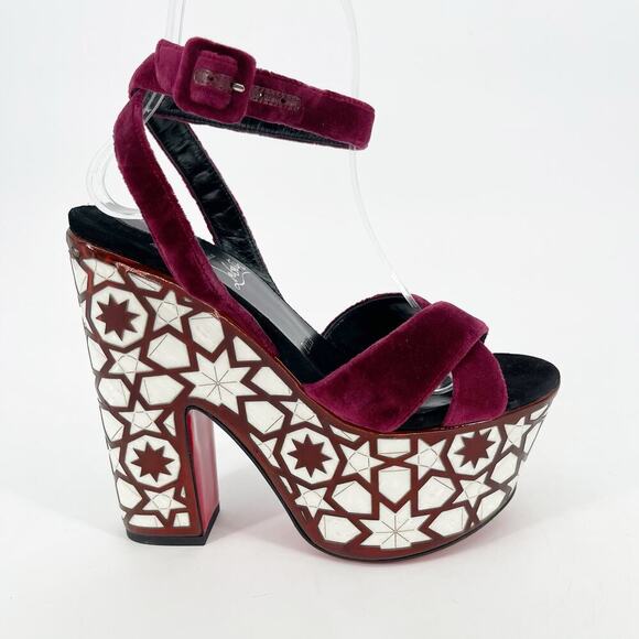 Christian Louboutin Burgundy Velvet Superyaz 160 Pearl Platform Sandal EU 37 - Picture 2 of 12